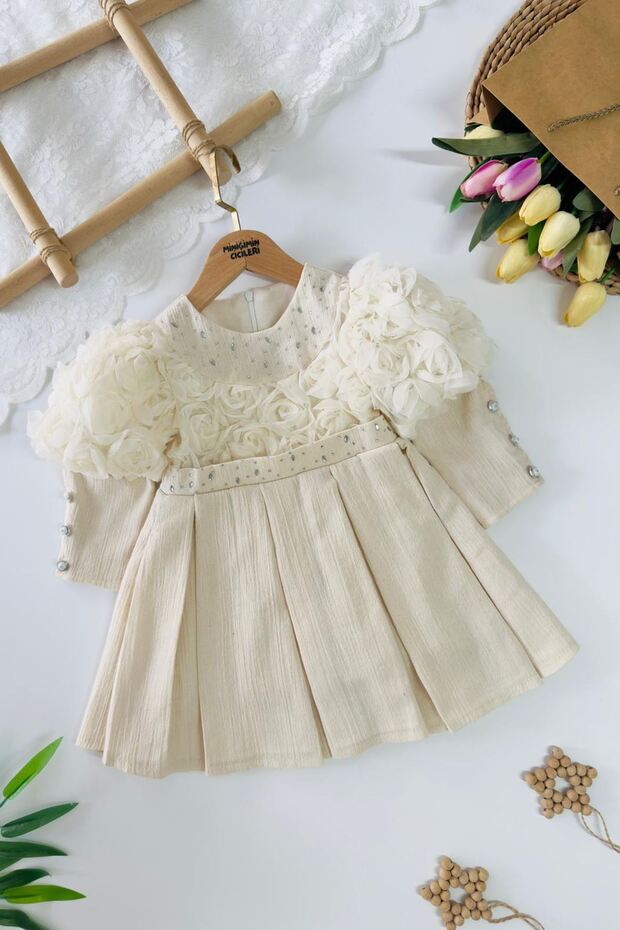 My Little Girl's Tulle Rose Detailed Stone Embellished Belted Girl's Dress - Cream