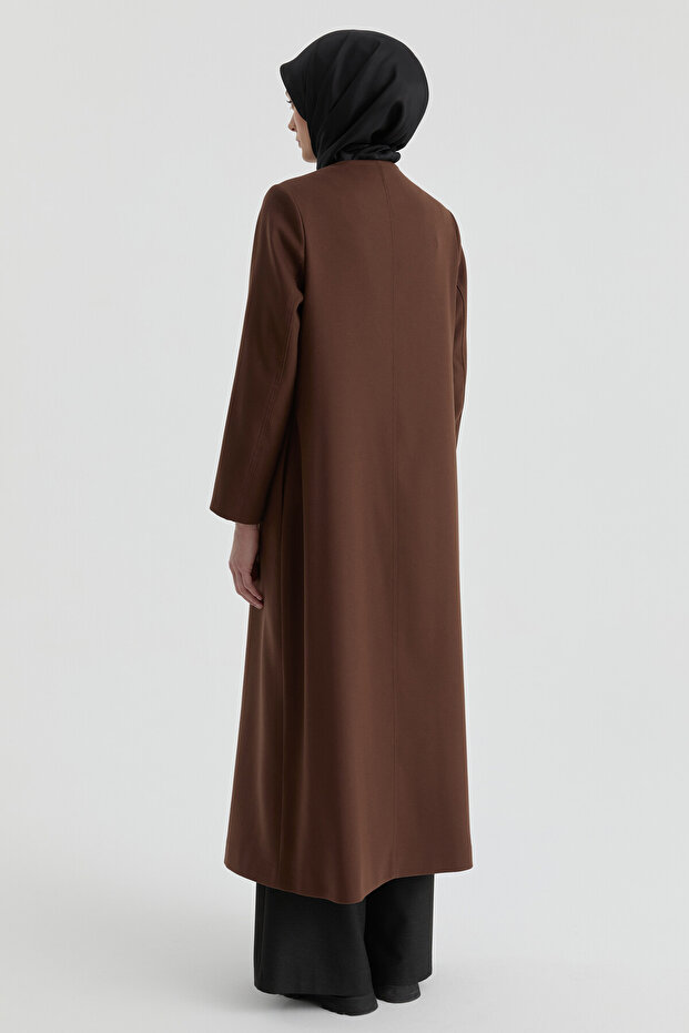 Gizli Pat Düğmeli Basic Manto - Kahve - 5