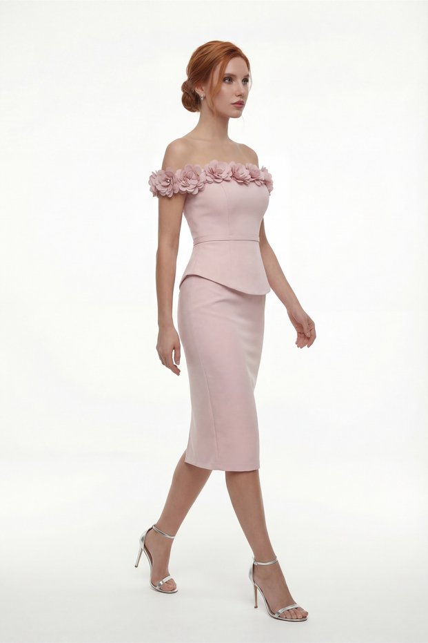 Women's Powder Color Boat Neck Floral Detailed Midi Promise Engagement Wedding Evening Dress