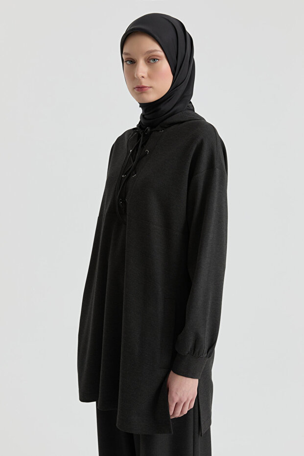 Deri Kombinli Örme Sweat - Antrasit - 1