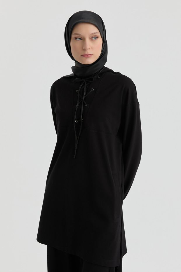 Deri Kombinli Örme Sweat - Siyah - 4