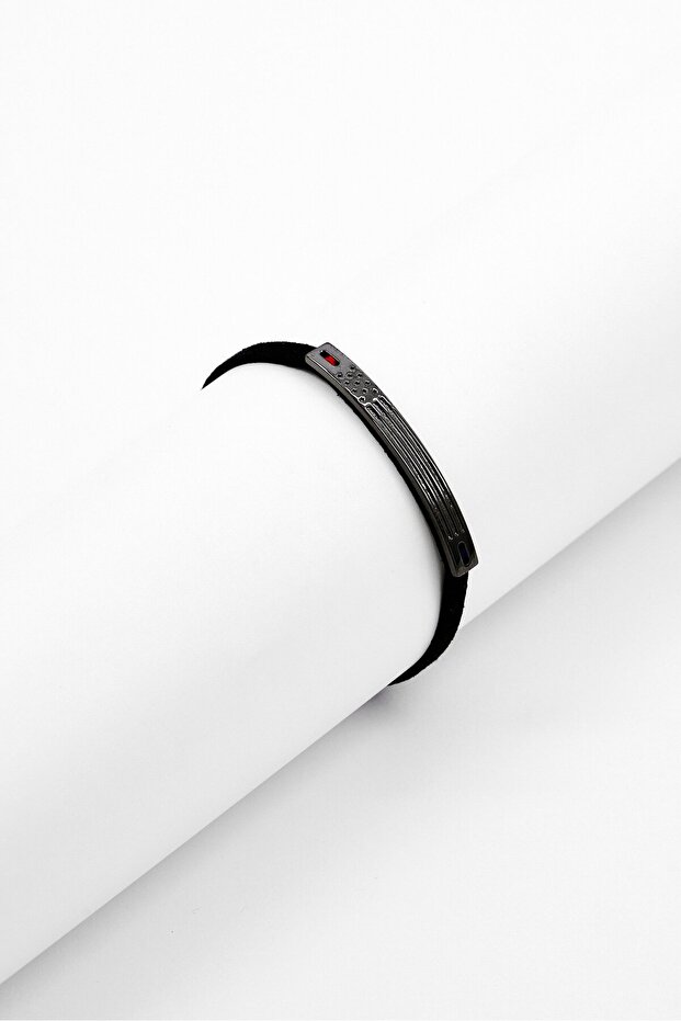 Men Brass American Flag Curves Leather Bracelet, Black