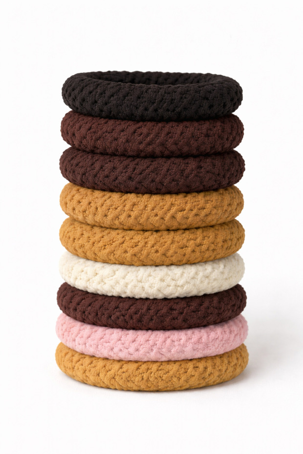 Set of 9 Thick Knitted Rubber Hair Clips – Mixed Brown & Earth Tones/Soft Textured Hair Clips