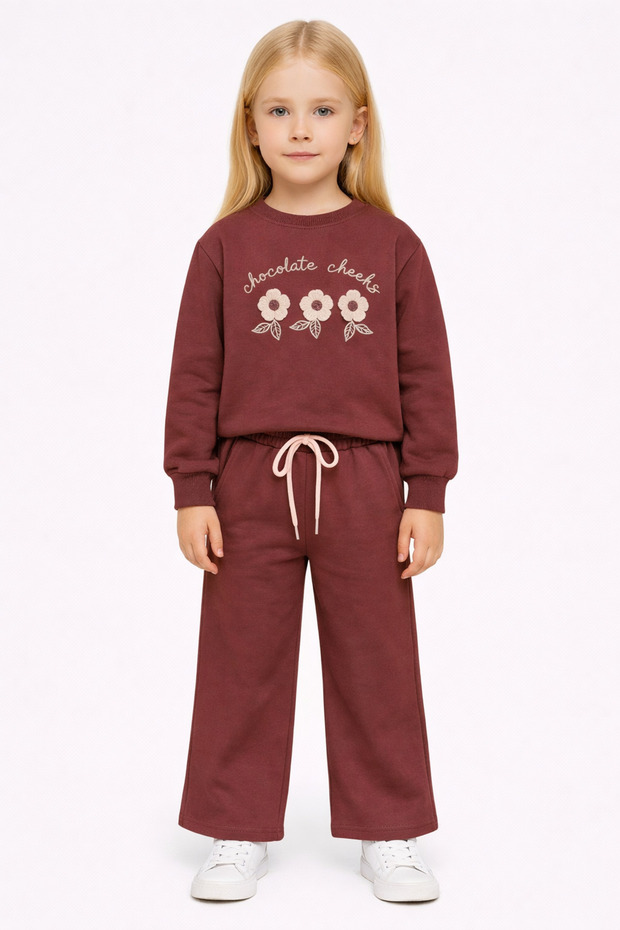 Crew Neck Daisy Embroidered Burgundy Color Girls' Tracksuit Set