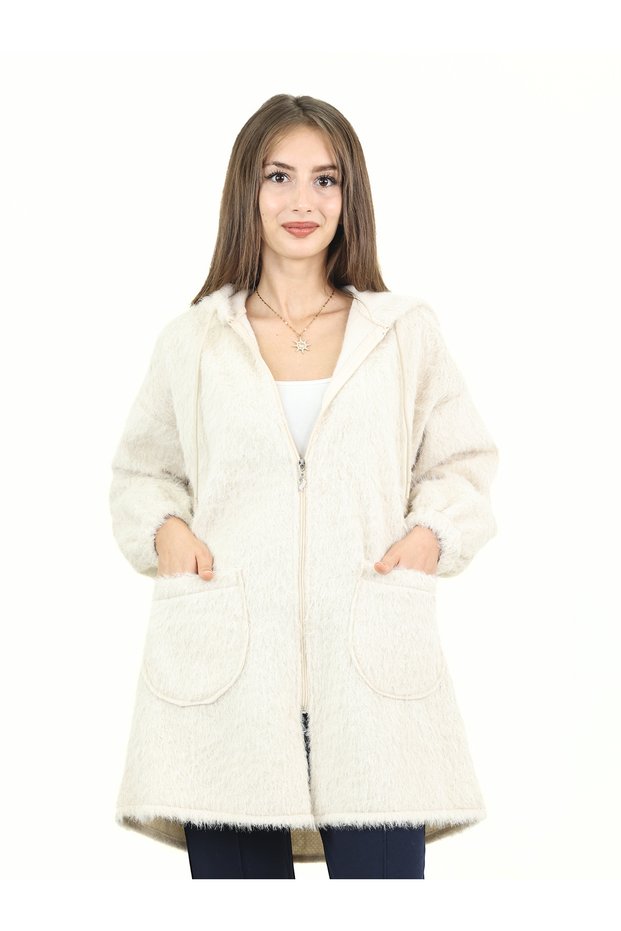 Women's Hooded Zippered Long Ecru Jacket with Pockets