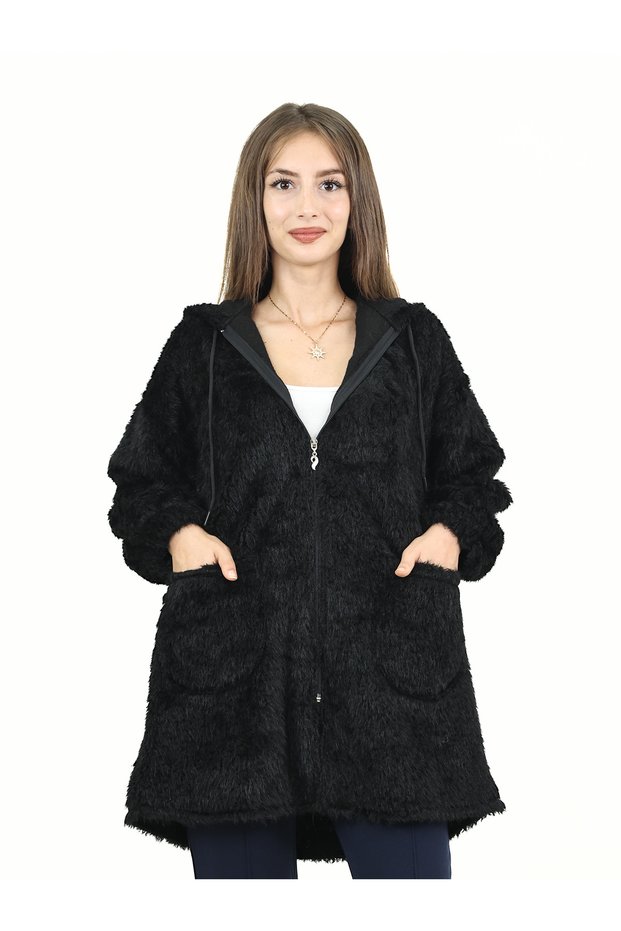 Women's Hooded Zippered Long Black Jacket with Pockets