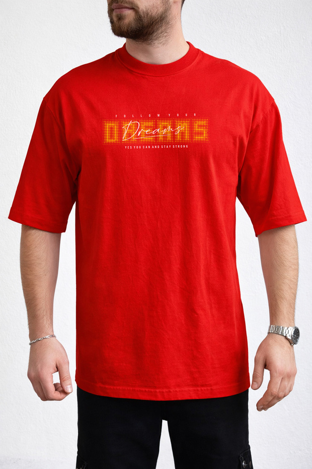 Men's Follow Your Dreams Text Printed Crew Neck Red T-Shirt