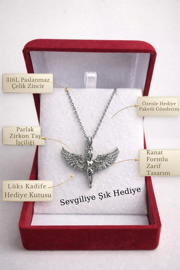 Stainless Steel Angel Wing Necklace – Zircon Stone, Women's Necklace with Velvet Box