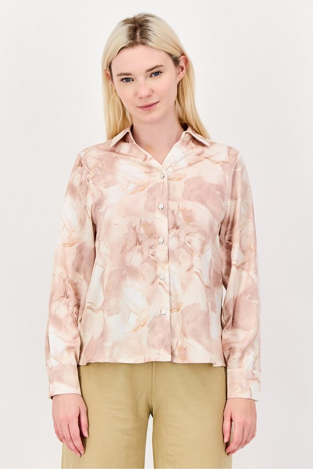Women Spread Collar Long Sleeves Floral Print Shirt, Multicolor
