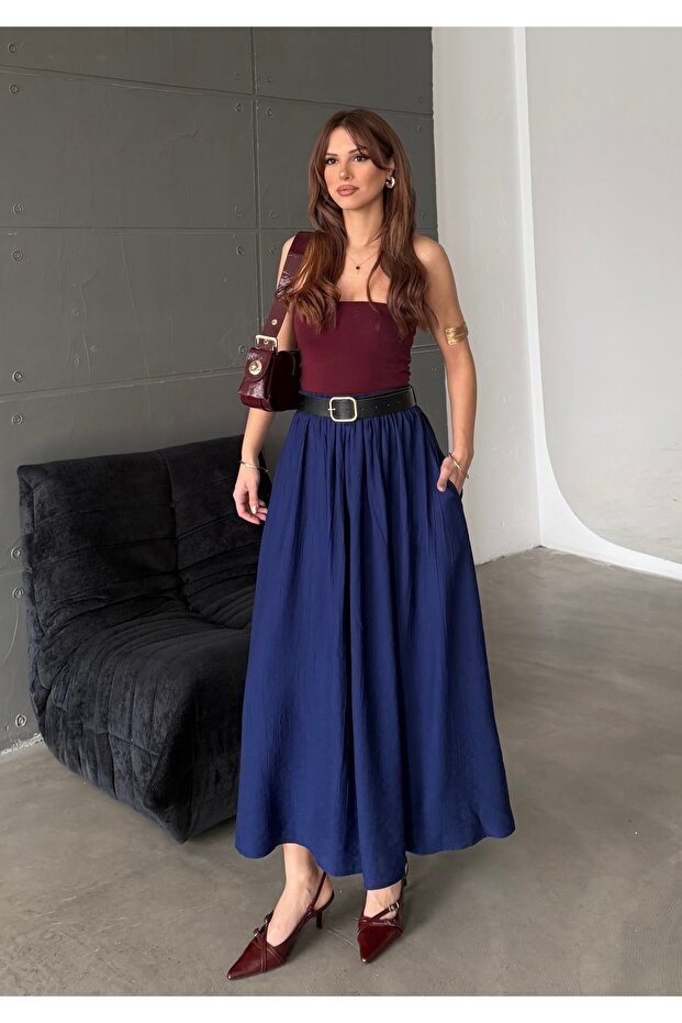 Women's Navy Blue Pocketed Maxi Size Belt Skirt