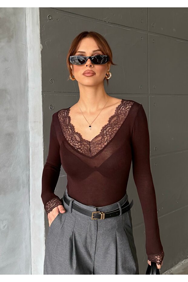 Women's Brown V-Neck Lace in Sheer Blouse