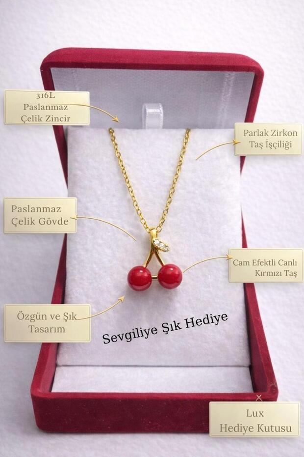 Stainless Steel Cherry Figured Necklace – Zircon Detailed, Women's Necklace with Velvet Box