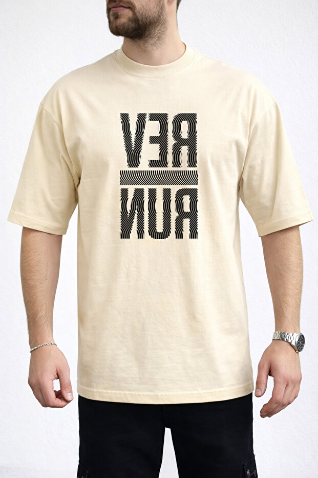 Men's Run Text Printed Wavy Letter Design Crew Neck Beige T-Shirt