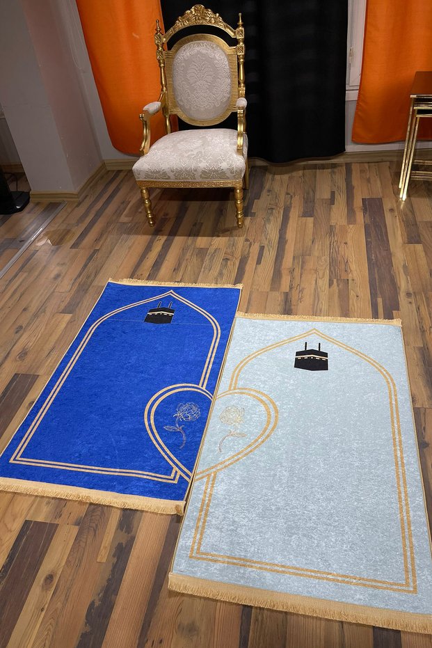 Love Pattern 2-Piece Non-Slip Sole Faux Fur Soft Prayer Rug 75x120 cm Stain Resistant Cushioned Prayer Mat