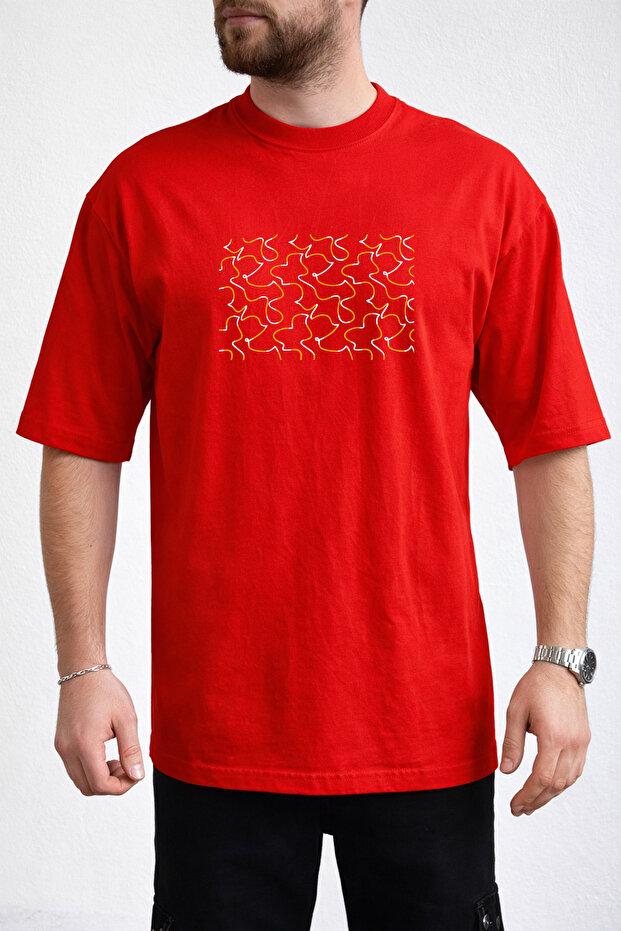Men's Abstract Linear Design Crew Neck Red T-Shirt