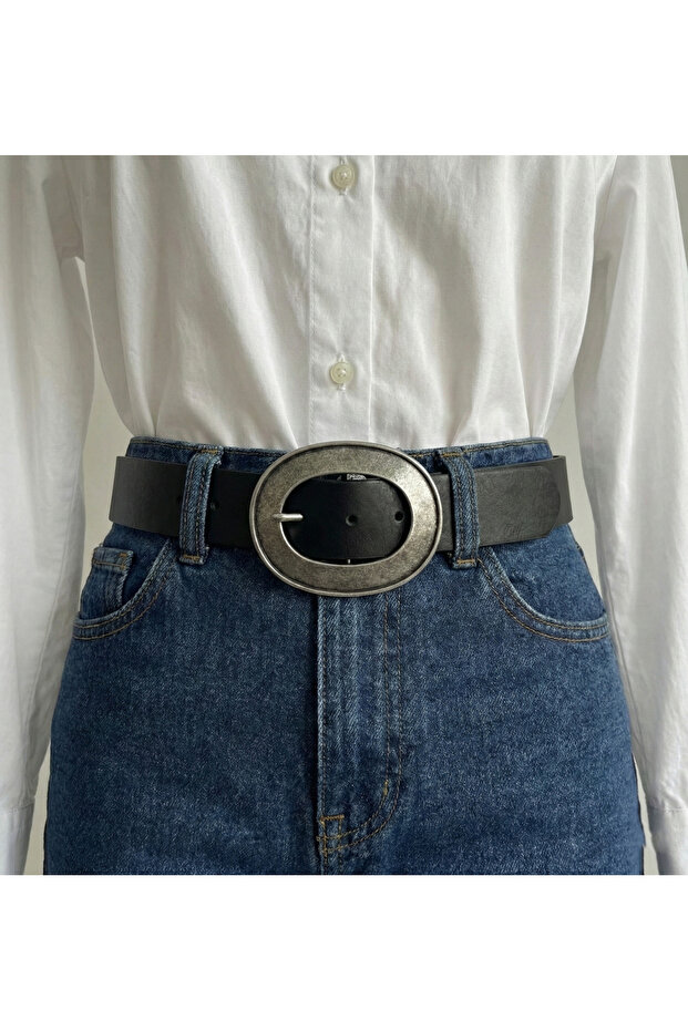 Women's Black Oval Silver Buckle Faux Leather Belt Be3013