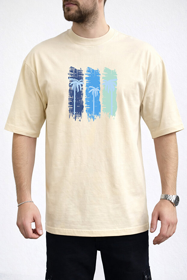Men's Three Block Palm Print Crew Neck Beige T-Shirt