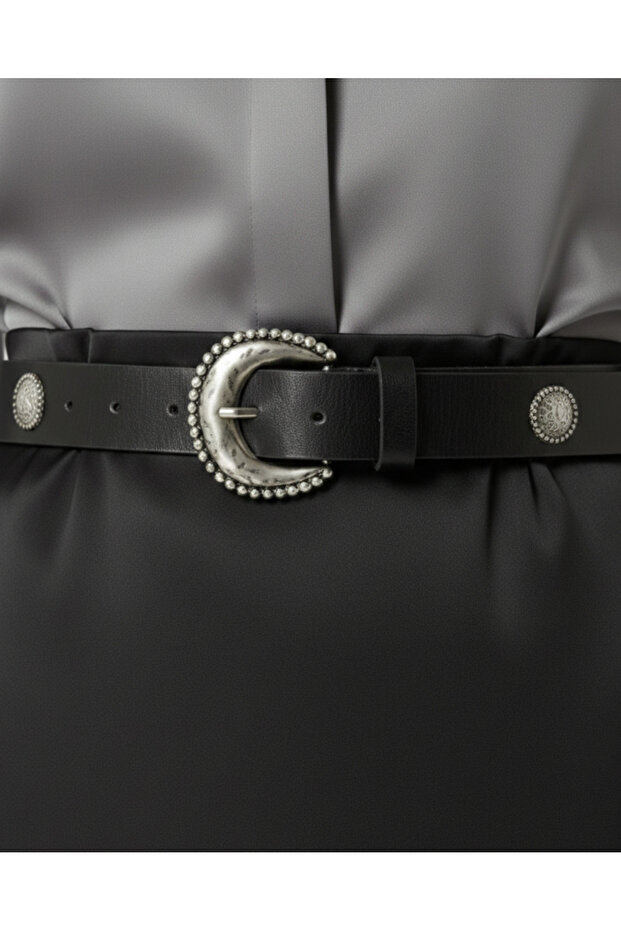 Women's Black Moonlight Faux Leather Belt with Silver Buckle Be3017