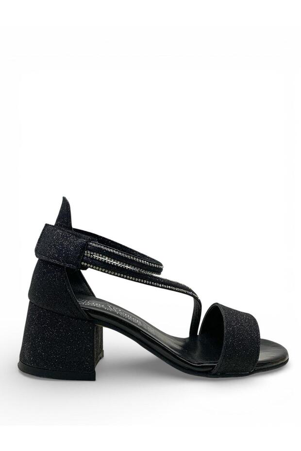 128 Girls' Black Glittery Stone Heeled Evening Dress Shoes