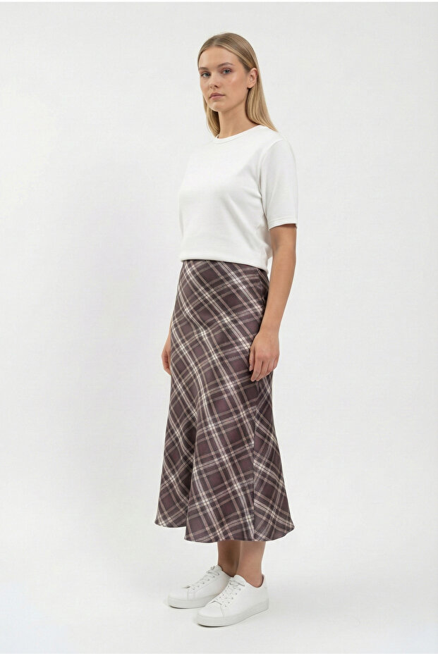 Midi Length Brown Plaid Satin Skirt