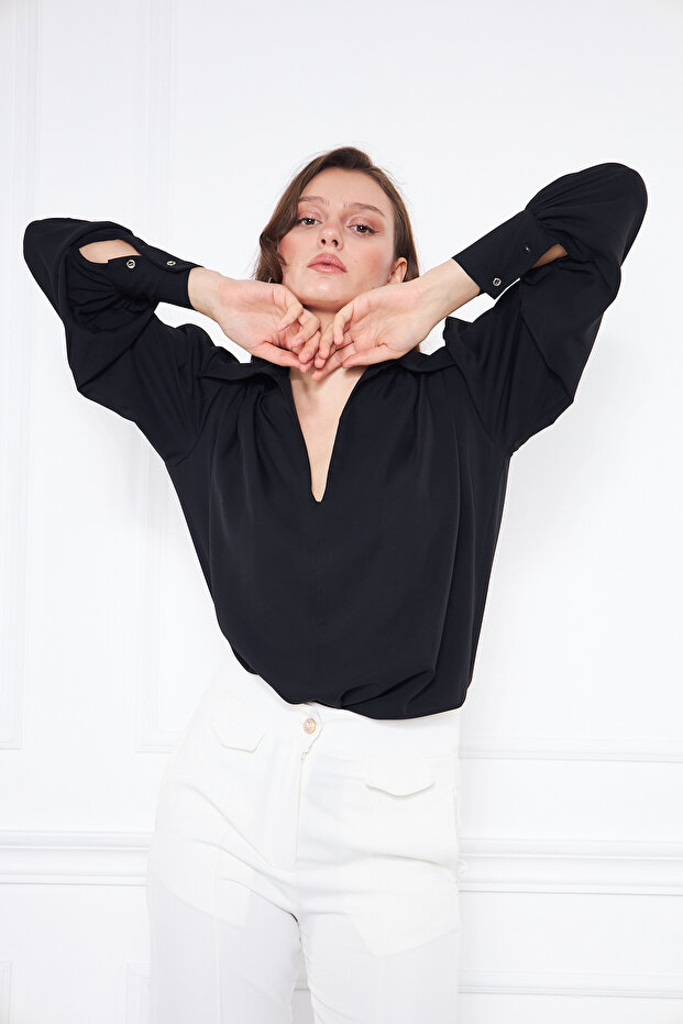 Women's Trendy Balloon Sleeve Oversize Black Stylish Blouse Shirt