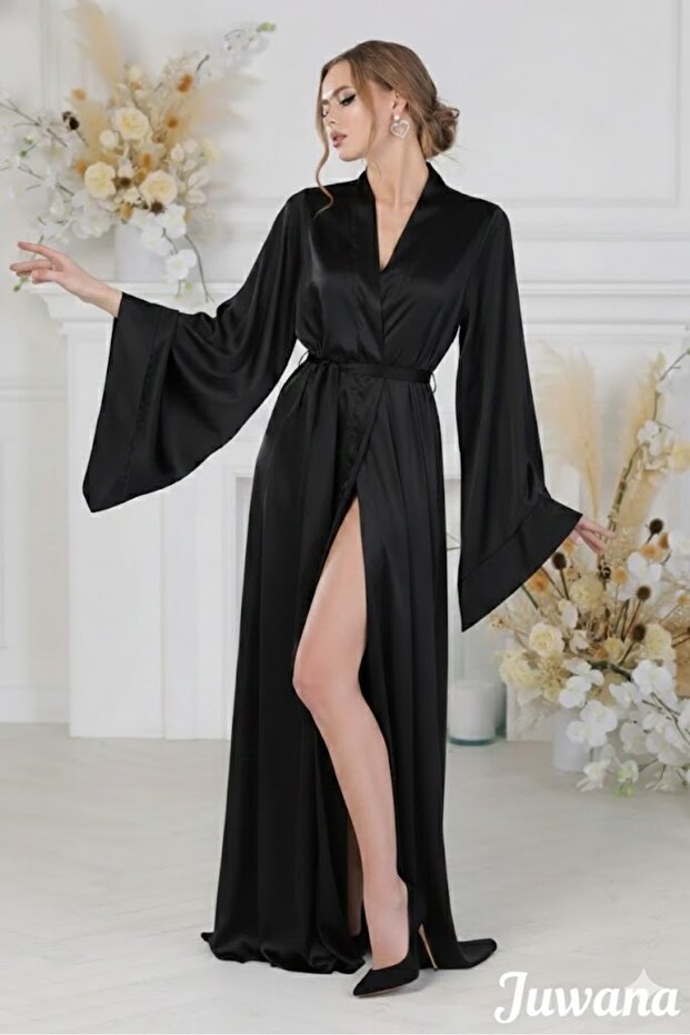 Black Luxury Long Satin Belted Women's Dressing Gown Model
