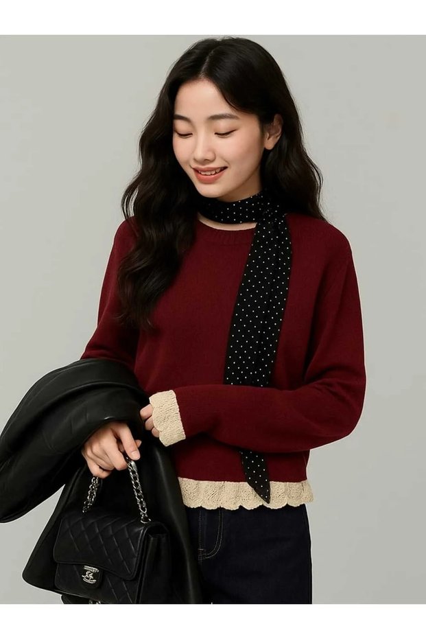 Women's Burgundy Crew Neck Long Sleeve Oversized Lace Detailed Soft-Textured Knitwear Sweater Blouse