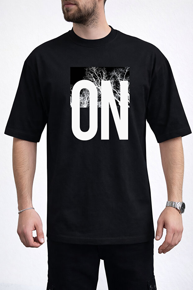 Men's Nature Themed on Text Printed Crew Neck Black T-Shirt