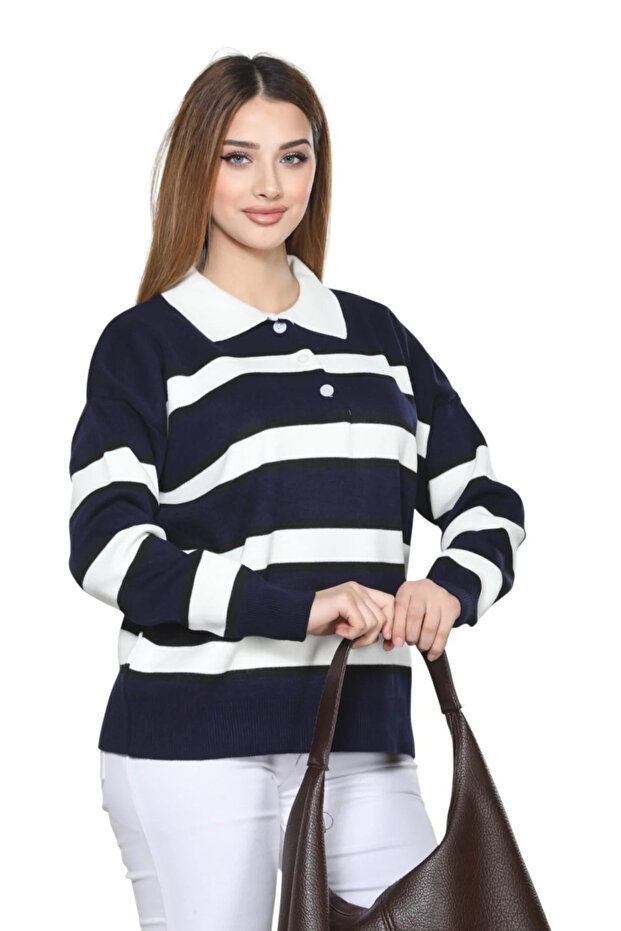 Women's Navy Blue Striped Polo Collar Buttoned Long Sleeve Oversize Soft Textured Knitwear Sweater