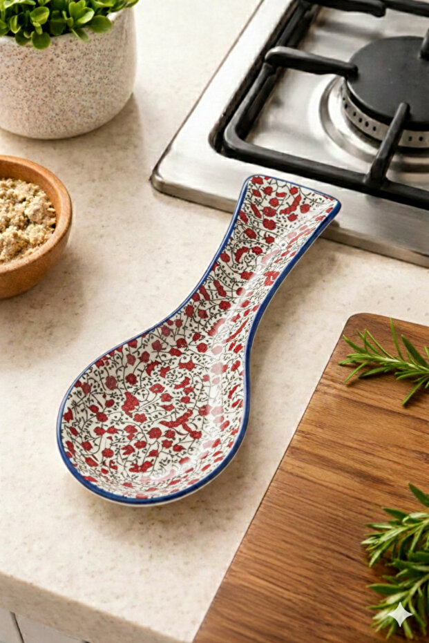 Traditional Patterned Ceramic Hand Painted Spoon Holder | Countertop Ladle and Spoon Holder