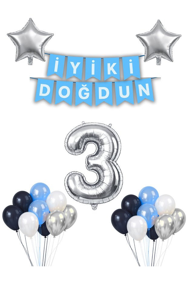 3 Year Old Birthday Balloon Set 20 Balloons 2 Stars & Age Helium Balloon & Banner Birthday Party Set
