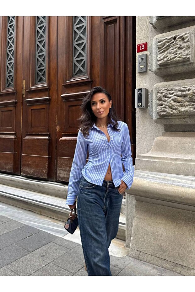 Women's Blue Striped Shirt with Side Gather Detail