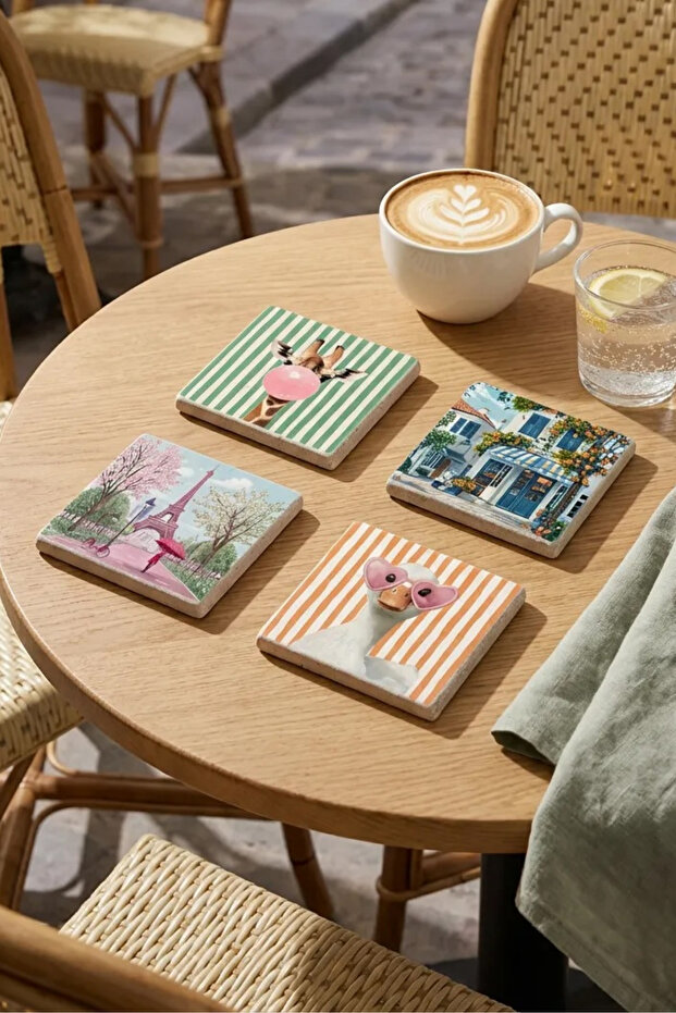 Pop Art City and Animal Themed Natural Stone Travertine Coasters Set of 4