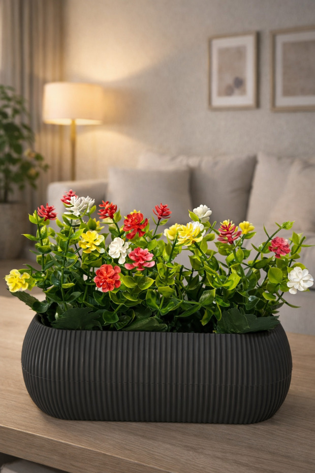 Decorative Artificial Flower Pot, Modern Anthracite Pot, Colorful Flower Arrangement, Home & Office Table Decor