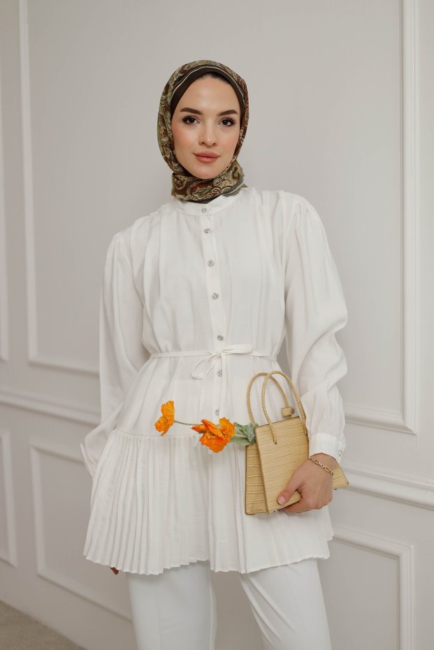 Women's Skirt with Pleats and Waist Tie, Hijab Shirt