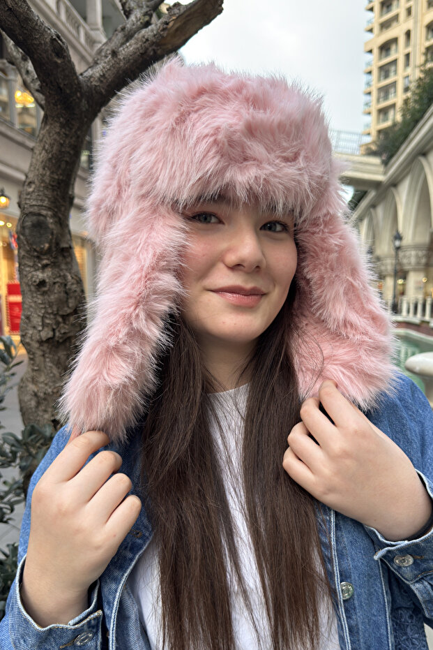 Pink Plush Fur Young Pilot Hat | Trendy Winter Ushanka with Soft Fur Ears