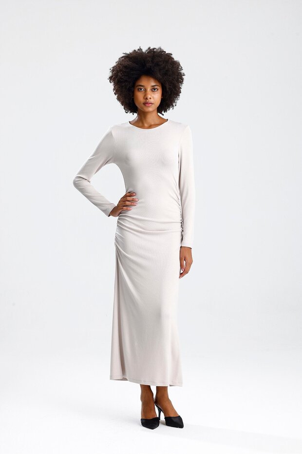 Stone-Colored Long Sleeve Side Gathered Long Dress