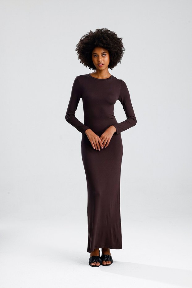 Coffee Long Sleeve Straight Long Dress