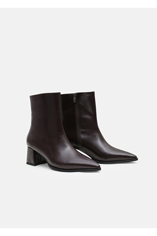 Women's Bitter Brown Patent Leather Pointed Toe Thick Heeled Boots