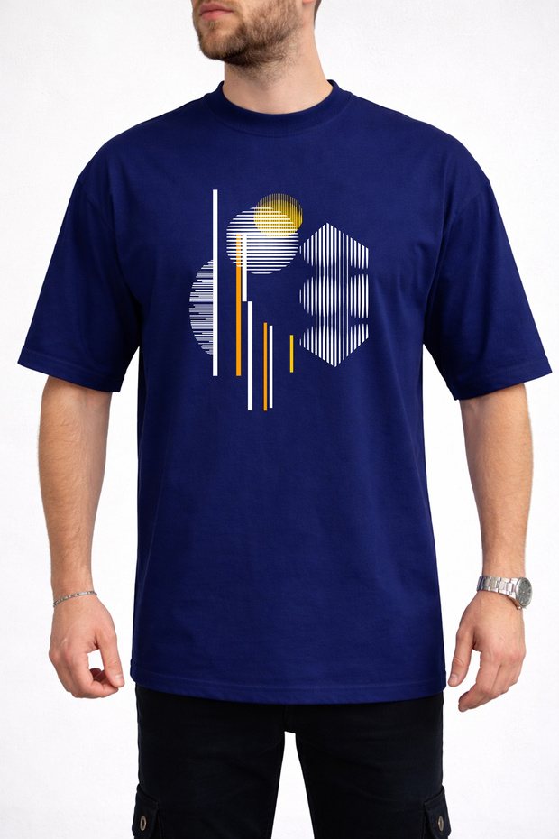 Men's Geometric Curved Line Printed Crew Neck Navy Blue T-Shirt