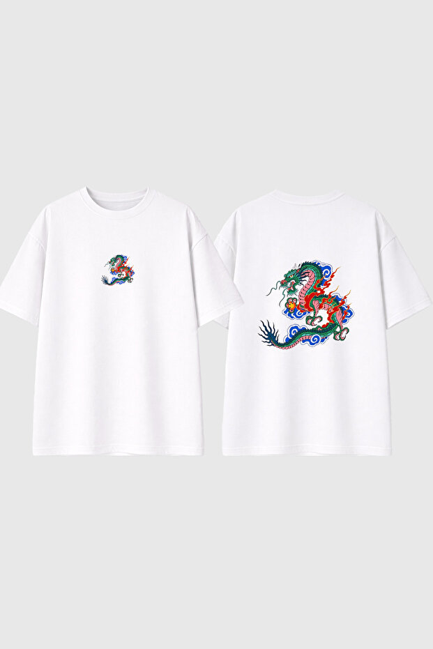 Drago2 Design Printed White Oversize t Shirt
