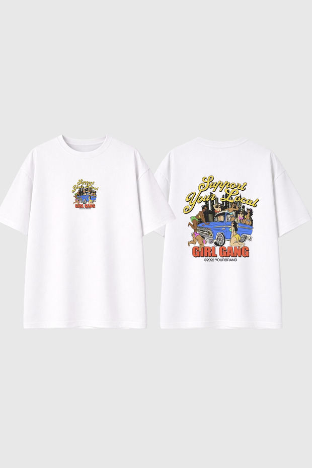 Support Girl Gang Design Printed White Oversize T-Shirt