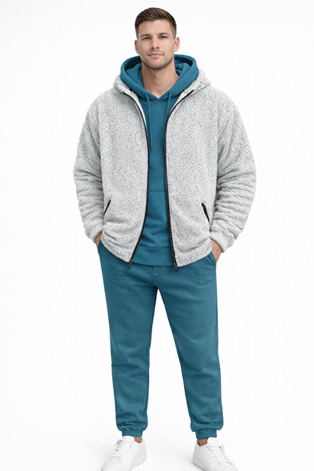 Men's 3 Threaded Sweatpants Set + Zippered Plush Jacket 3-Piece Combination