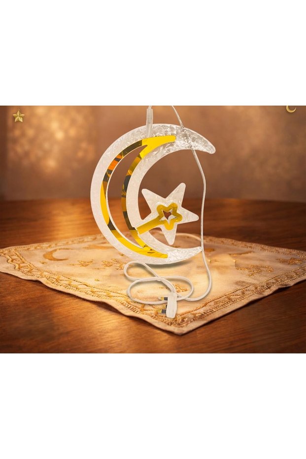 Crescent Moon and Star LED Light, White and Gold, Ramadan Decor, Islamic Theme, Type -G Plug
