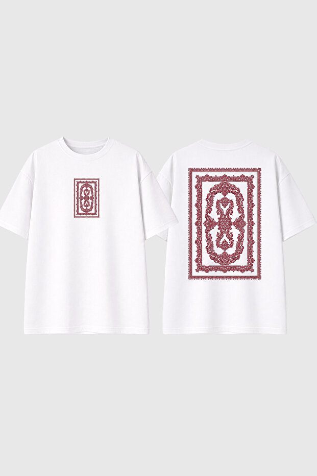 Red Anatolian Carpet Design Printed White Oversize t Shirt