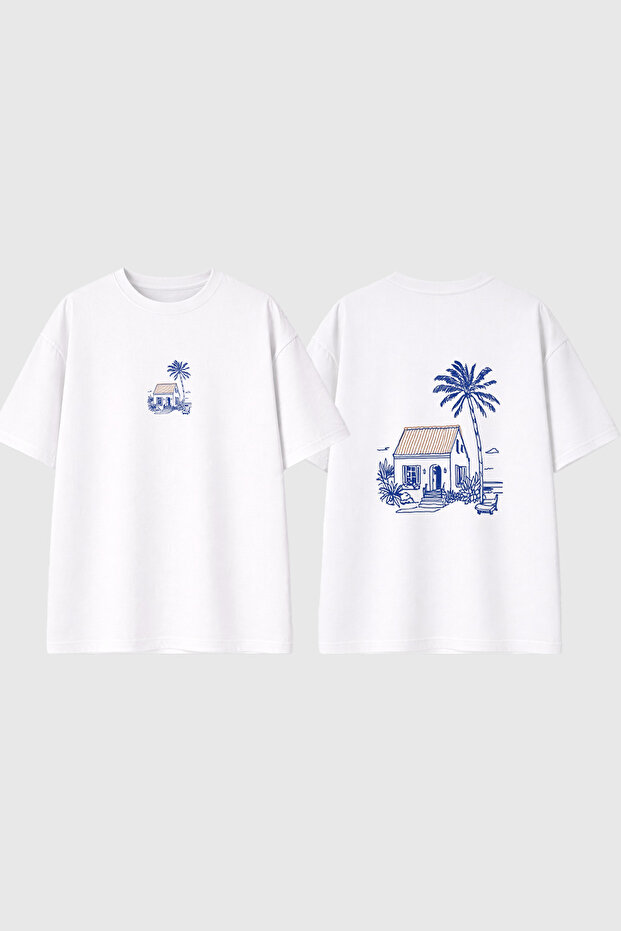 Palmihouse Design Printed White Oversize T-Shirt