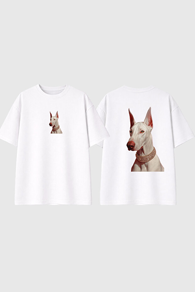 White Doberman Design Printed White Oversize T-Shirt