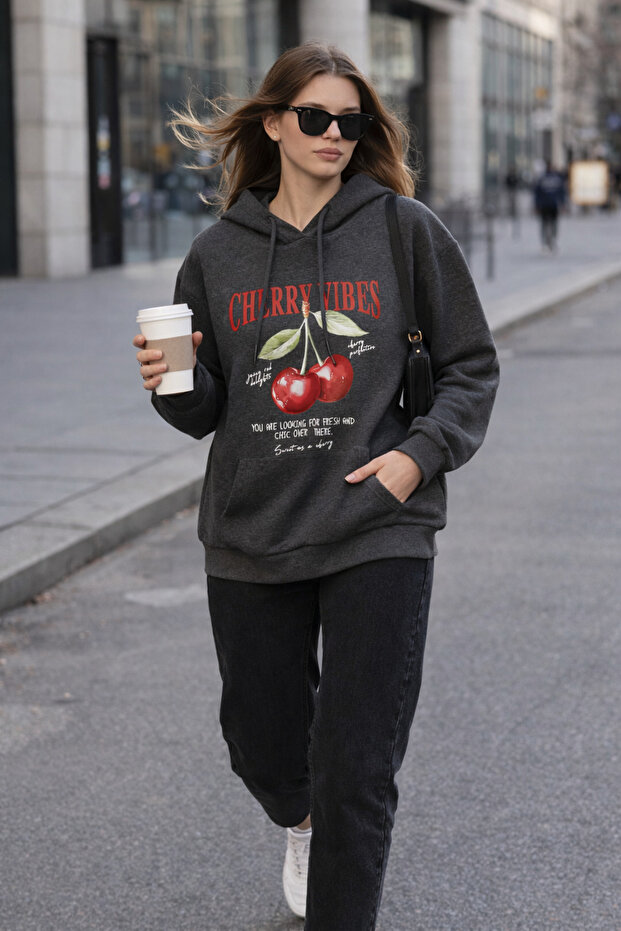 Women's Anthracite Cherry Printed Oversize Hooded Sweatshirt Hoodie
