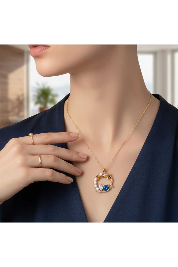 Gold Necklace with Zircon Stones and Dolphin and Star Figures – Luck-Themed Tarnish-Resistant Jewelry