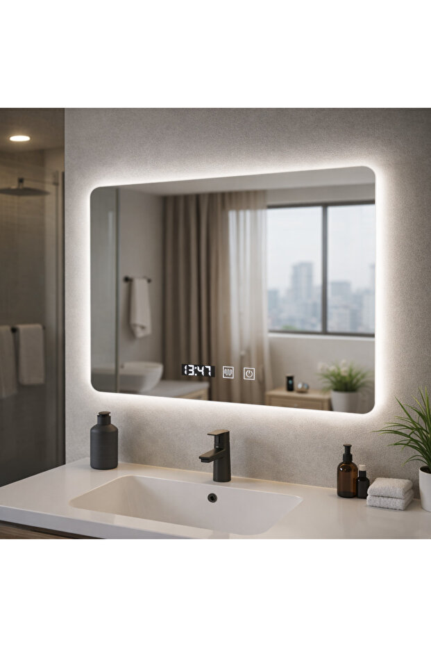 ARTAR Touch Rectangular LED Mirror, 80X60cm, Defog System, Dimmable, Clock and Temperature - 1